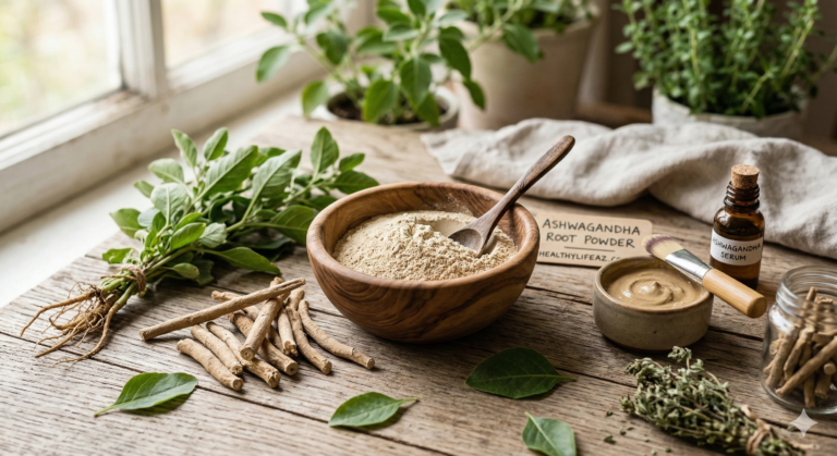 Ashwagandha roots and powder in a wooden bowl with green leaves representing natural Ayurvedic skincare benefits