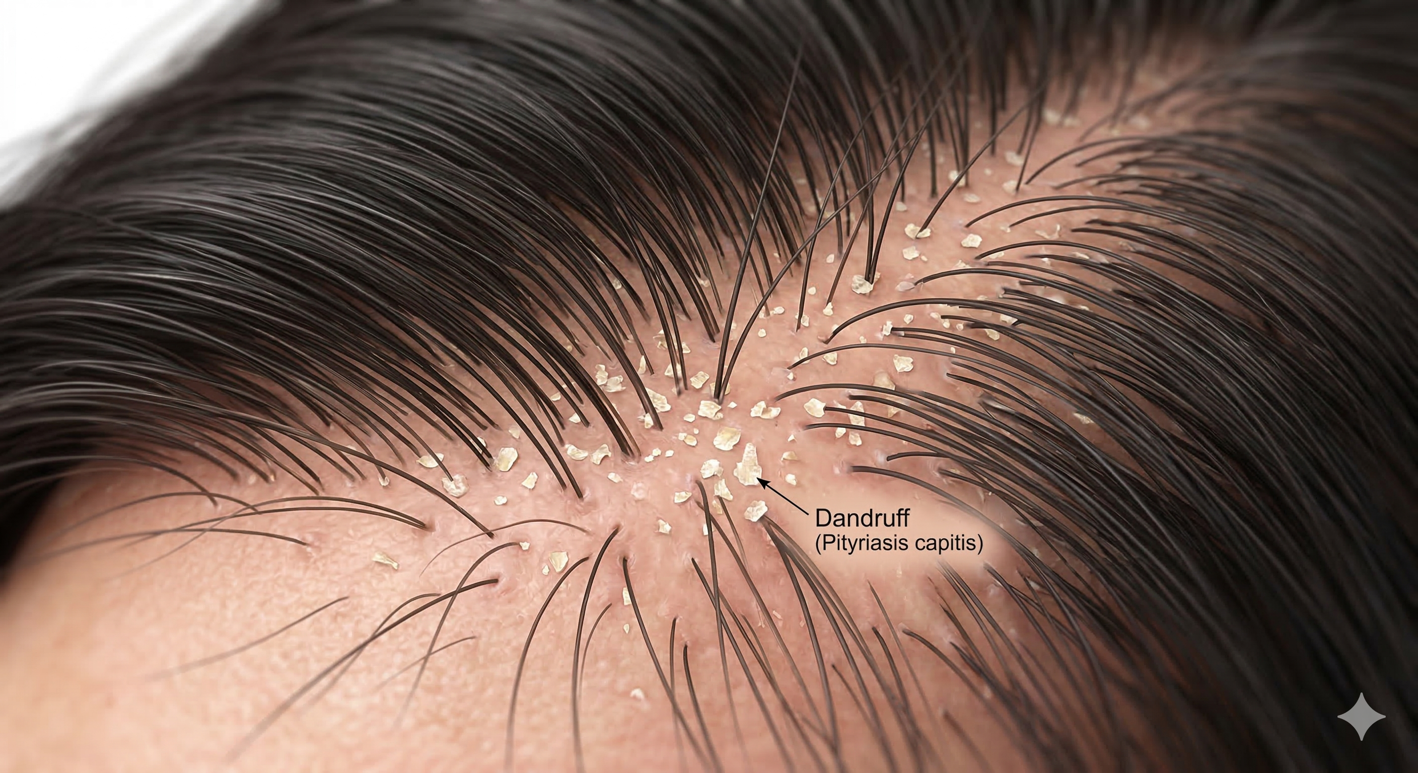 visible dandruff flakes on scalp showing possible link between dandruff and hair loss