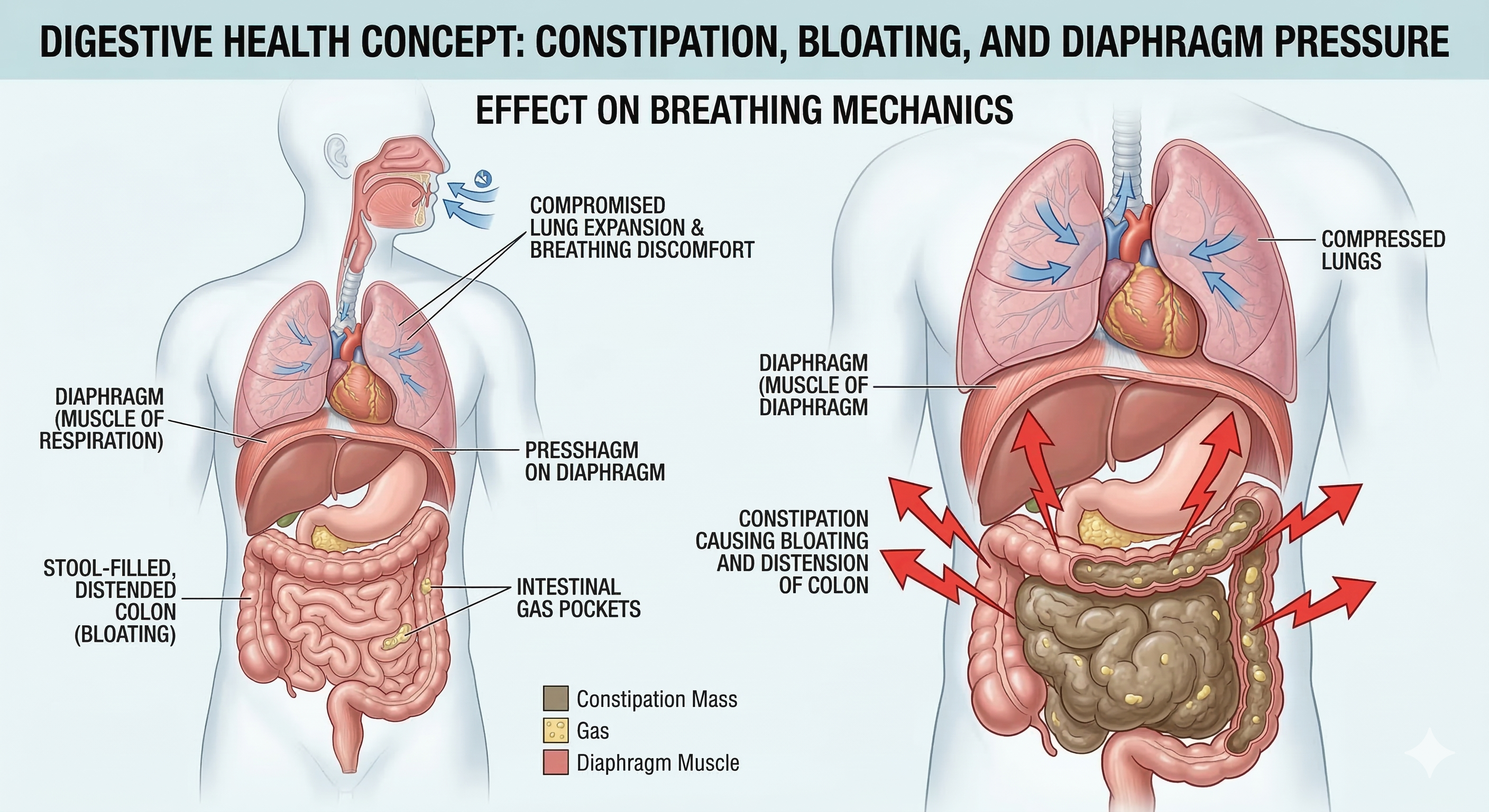 constipation bloating pressure on diaphragm causing shortness of breath
