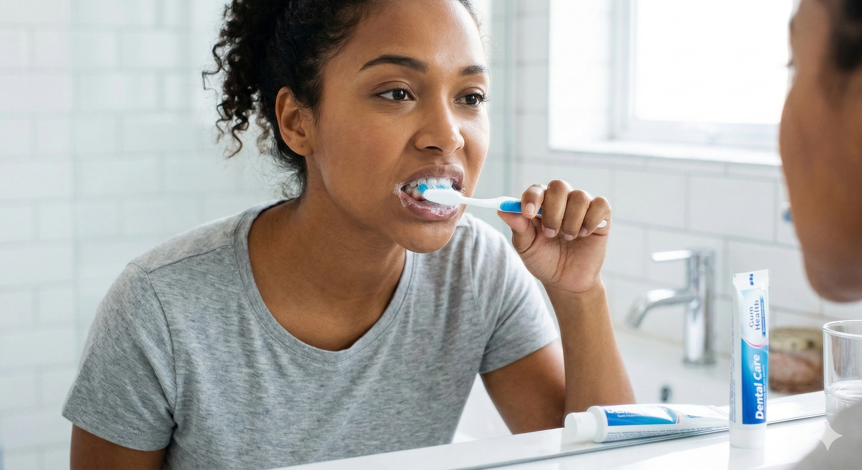 Person brushing teeth with bleeding gums showing signs of gum inflammation