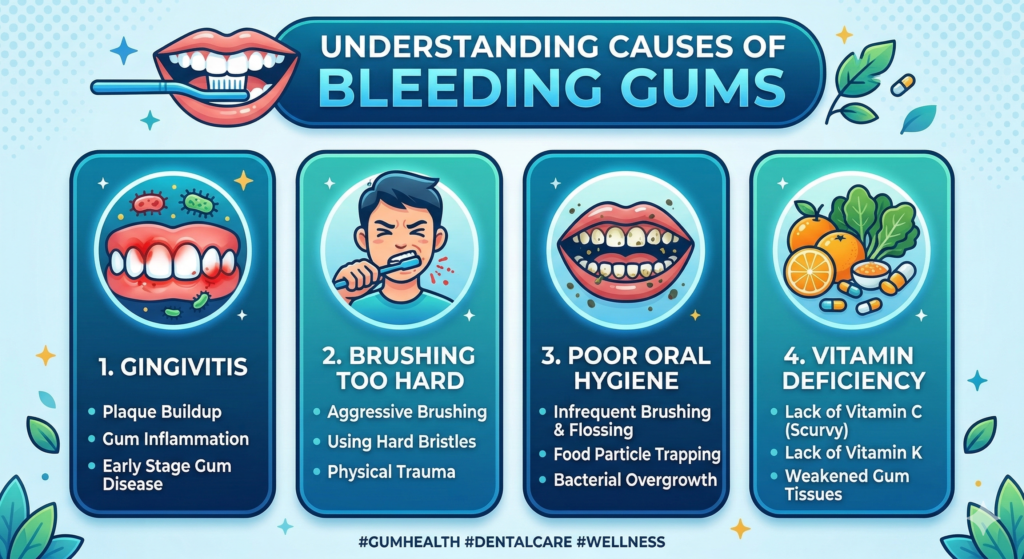 Infographic showing major causes of bleeding gums such as gingivitis and poor oral hygiene
