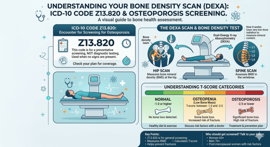 infographic showing icd 10 code for dexa scan z13.820 and osteoporosis bone density screening process