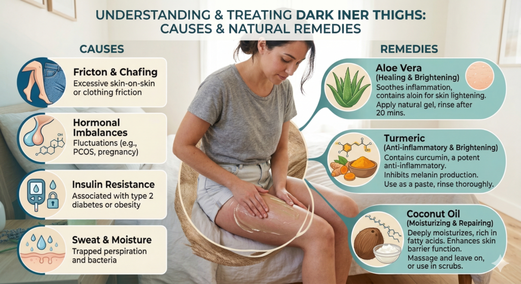 Infographic explaining causes and natural remedies for dark inner thighs