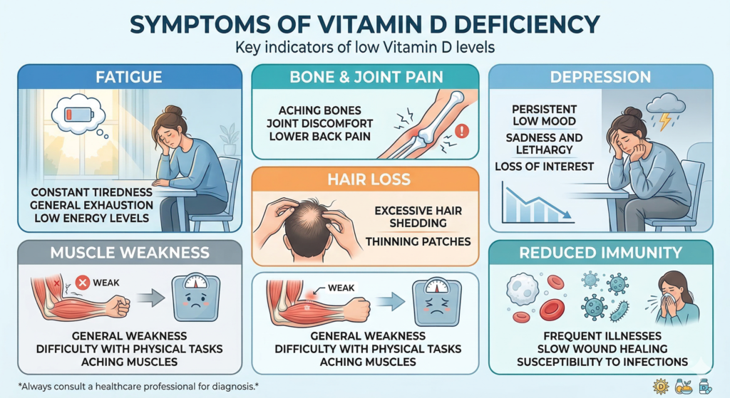 Infographic explaining common symptoms and causes of vitamin D deficiency