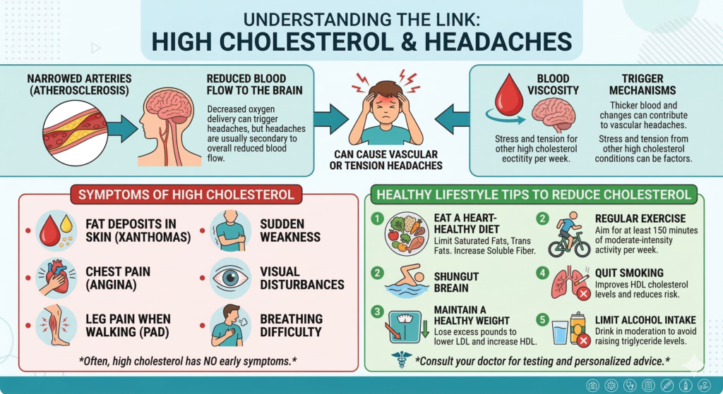 Infographic showing symptoms of high cholesterol and lifestyle tips to reduce cholesterol levels
