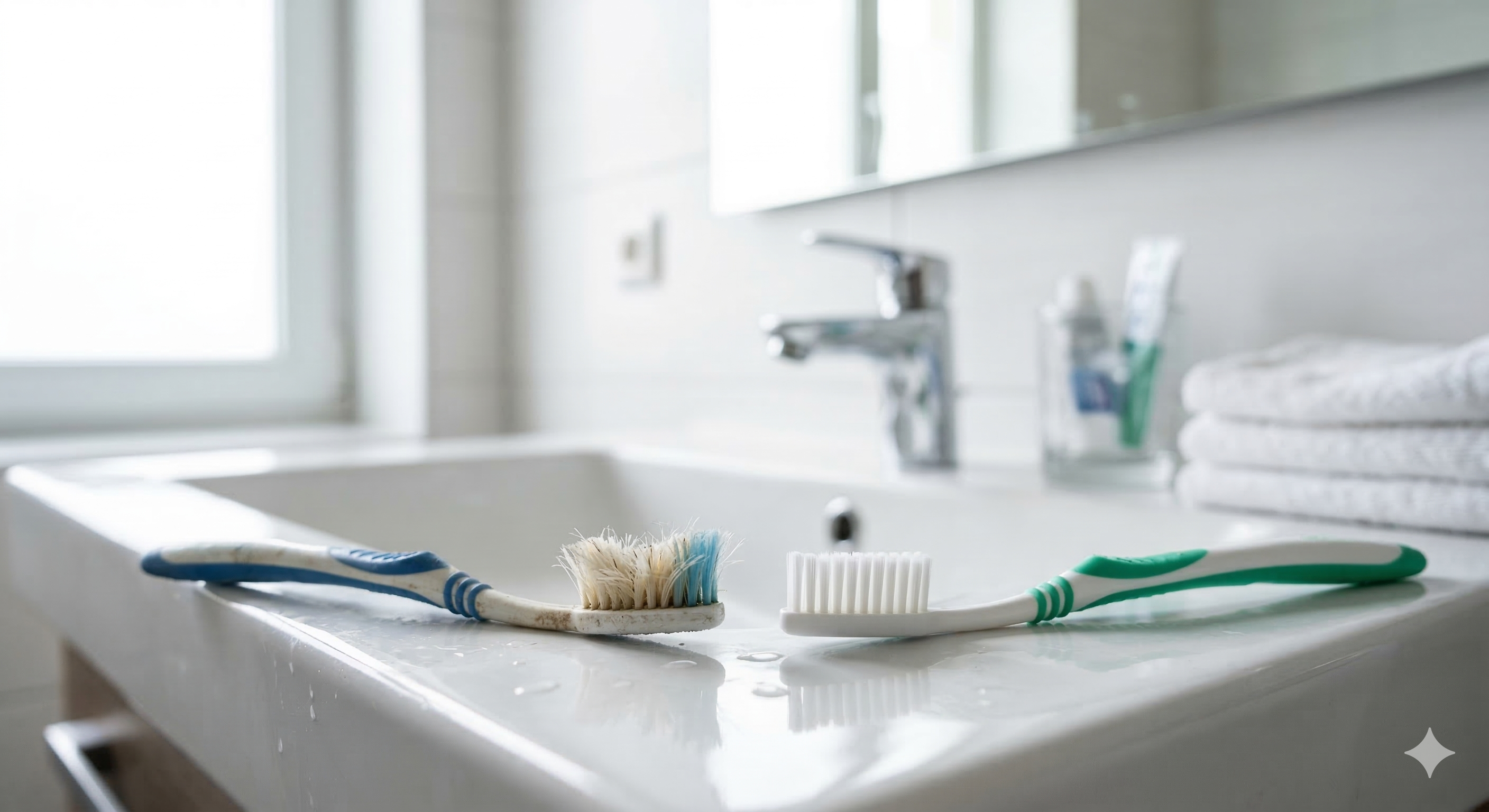 old toothbrush with frayed bristles next to a new toothbrush showing when to replace your toothbrush
