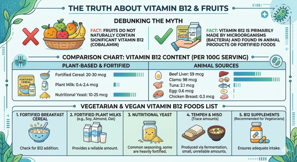 infographic showing vitamin b12 fruits list and vegetarian vitamin b12 sources