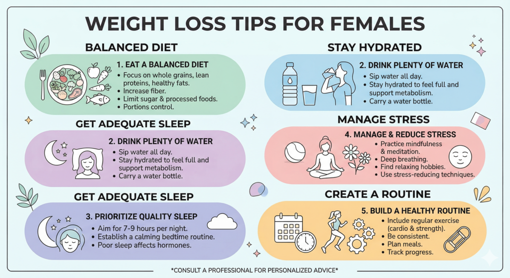 infographic showing weight loss tips without exercise for females