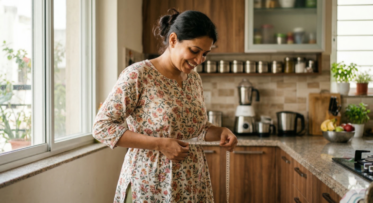 woman measuring waist at home for weight loss without exercise