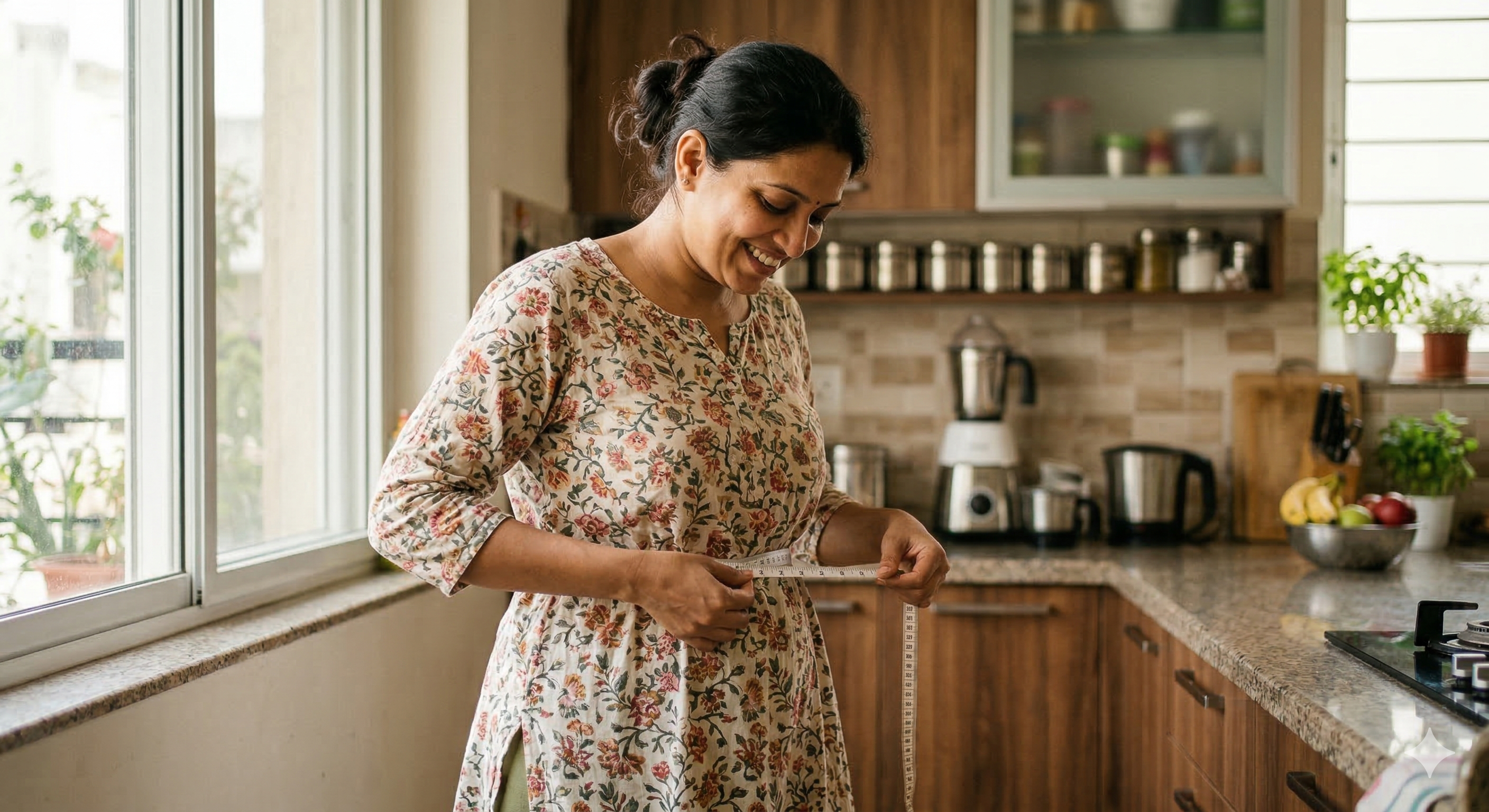 woman measuring waist at home for weight loss without exercise
