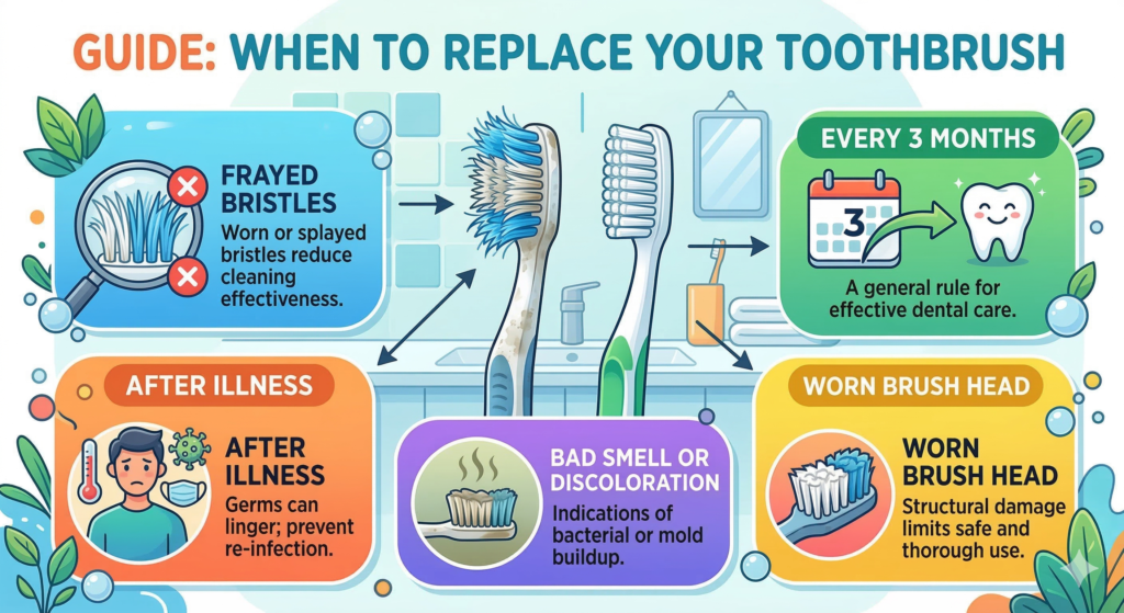infographic showing signs you need to replace your toothbrush such as frayed bristles and bacteria buildup