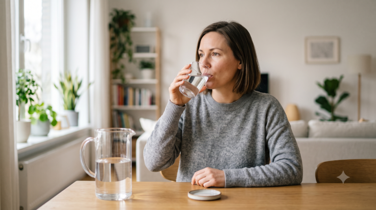 Adult drinking water to relieve dry mouth